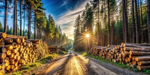 A sunlit dirt road through a dense forest, flanked by stacks of freshly cut logs, evokes a sense of both nature's beauty and the cycle of resource use.