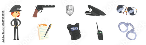 Police Officer Object and Equipment Different Vector Set