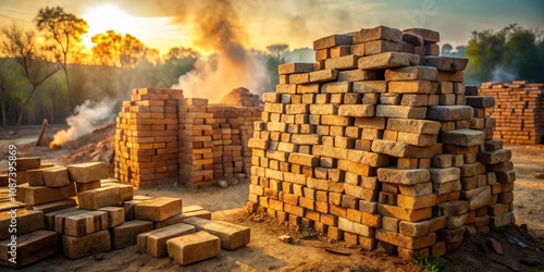 A stack of bricks in the golden hour light, with smoke rising from a nearby brick kiln in the background
