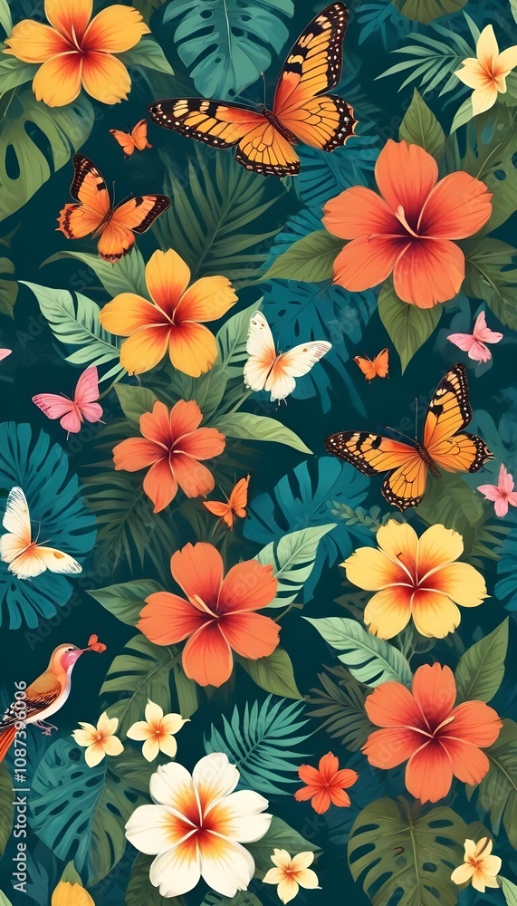 Tropical exotic pattern with animal and flowers in bright colors and lush vegetation Tropical exotic pattern with animal and flowers in bright colors and lush vegetation
