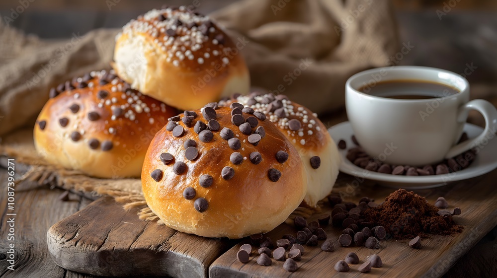 Freshly baked chocolate chip buns on a rustic wooden board, paired with a cup of coffee. Freshly baked chocolate chip buns on a rustic wooden board, paired with a cup of coffee.
