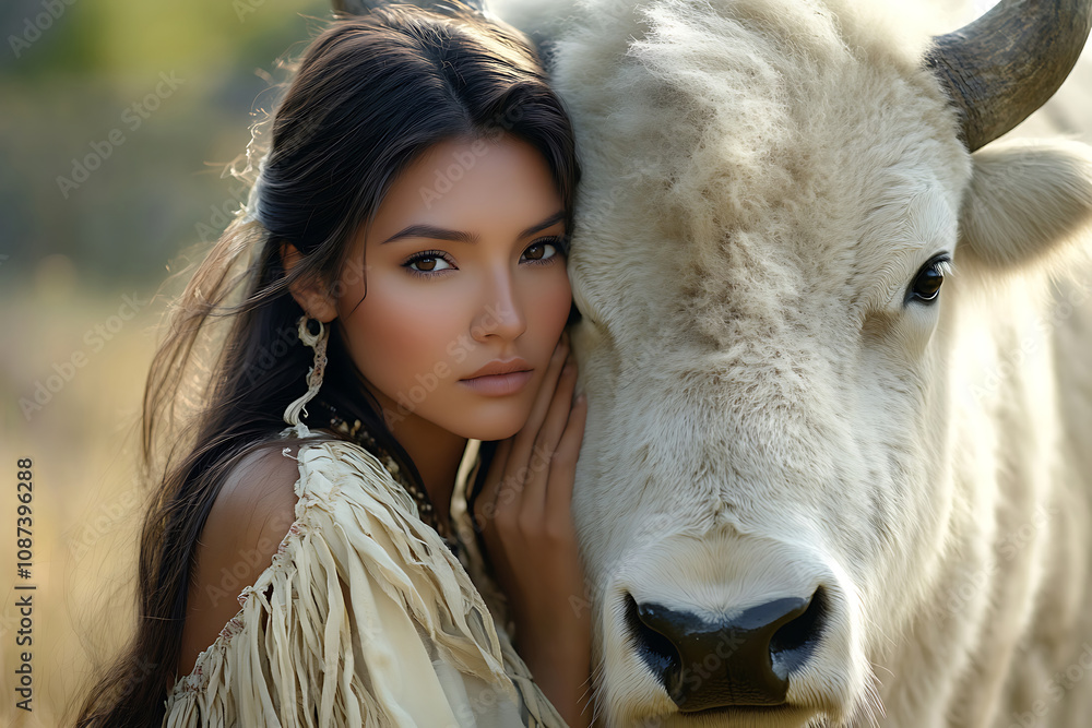Close up portrait of a beautiful native american woman and a white bison Close up portrait of a beautiful native american woman and a white bison