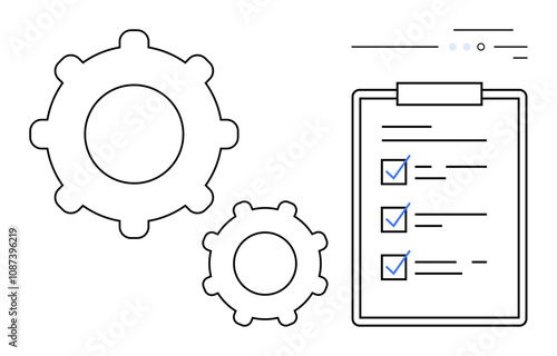 Two gears beside a clipboard with checklist and checkmarks, signifying efficiency and productivity. Ideal for project planning, workflow optimization, productivity tools, business processes, task