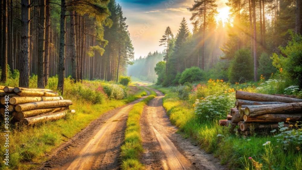 A sun-drenched forest path meanders through a dense canopy of trees, sunlight filtering through the leaves and creating a magical atmosphere. A sun-drenched forest path meanders through a dense canopy of trees, sunlight filtering through the leaves and creating a magical atmosphere.