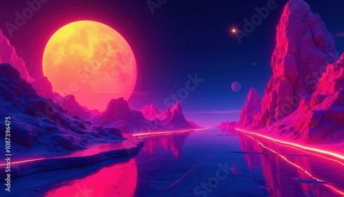 Wallpaper Mural Surreal Pink and Purple Alien Landscape with Glowing River, Futuristic Scifi Scene, Concept Art. Torontodigital.ca