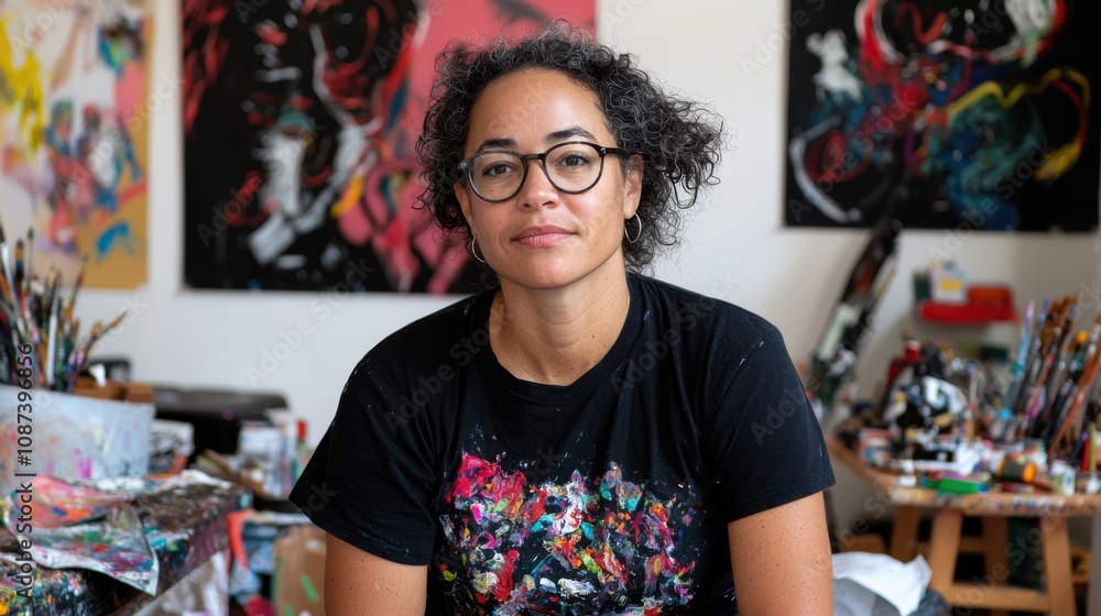 Black Woman in Creative Workspace Surrounded by Art Black Woman in Creative Workspace Surrounded by Art
