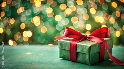 Wallpaper Mural A glimmering green gift box with a bright red bow rests on a surface, illuminated by a warm glow of festive lights. Torontodigital.ca