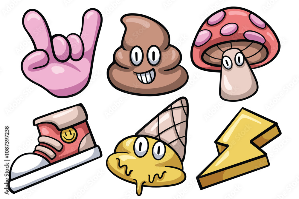 Set of Hand drawn trendy cartoon element. collection of Cool hand, Shit, mushroom, sneakers, drop ice cream, lightning Isolated Vector Set of Hand drawn trendy cartoon element. collection of Cool hand, Shit, mushroom, sneakers, drop ice cream, lightning Isolated Vector