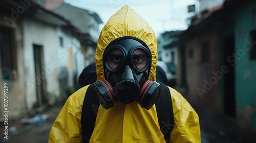 Standing in a narrow alleyway, an individual clad in a yellow hazmat suit embodies themes of caution and isolation, with an aura of mystery amidst the urban surroundings. photo