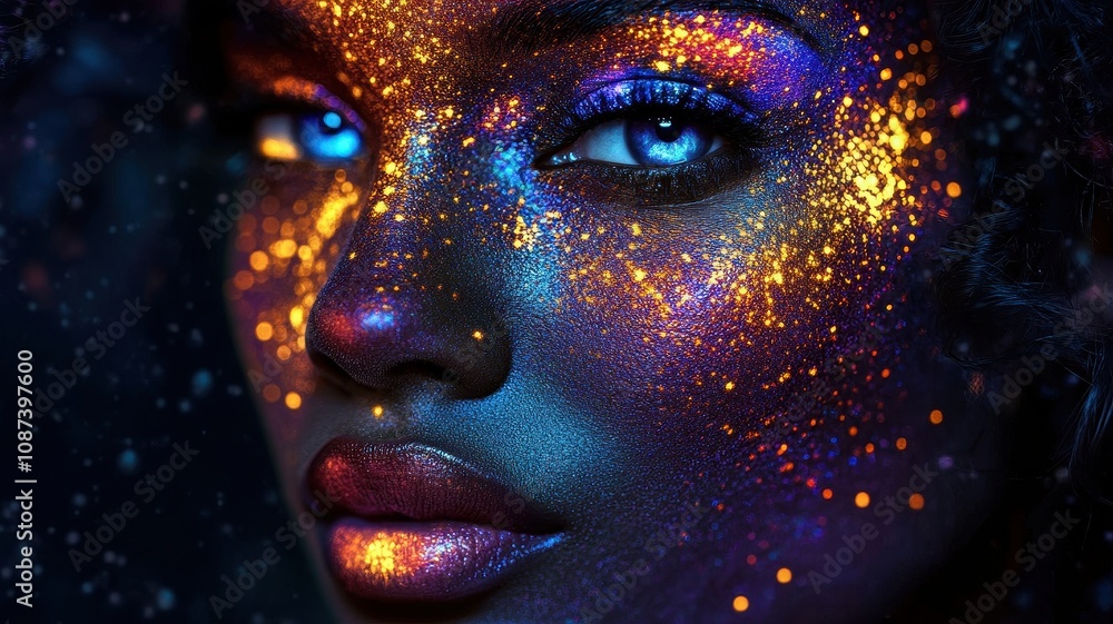 A captivating portrait of a woman with a face adorned in vibrant, shimmering colors and sparkling details, highlighting her striking blue eyes. A captivating portrait of a woman with a face adorned in vibrant, shimmering colors and sparkling details, highlighting her striking blue eyes.