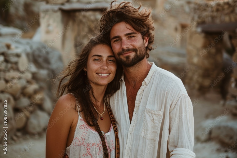 Portrait of a satisfied couple in their 20s wearing a simple cotton shirt isolated in backdrop of ancient ruins Portrait of a satisfied couple in their 20s wearing a simple cotton shirt isolated in backdrop of ancient ruins