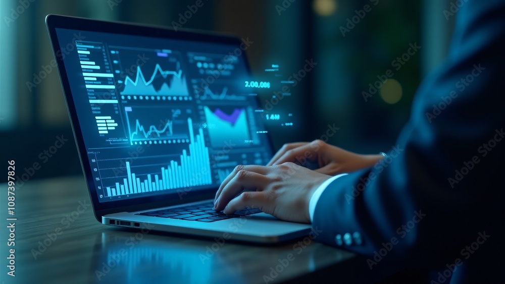 Hands typing on a laptop displaying futuristic data visualizations and charts. Perfect for themes on data analysis, business intelligence, and modern technology in professional environments. Hands typing on a laptop displaying futuristic data visualizations and charts. Perfect for themes on data analysis, business intelligence, and modern technology in professional environments.