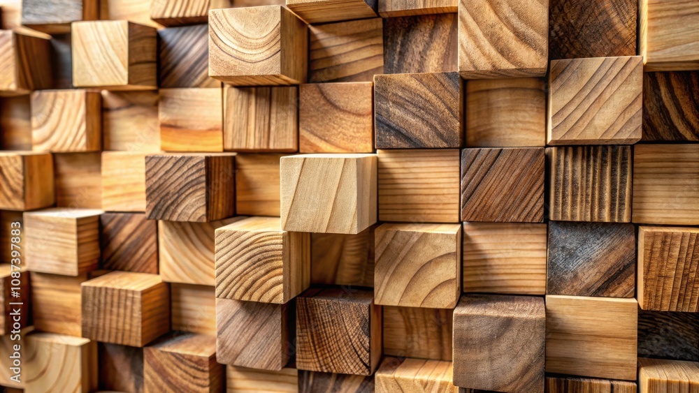 A close-up view of a wooden wall created with different sized wooden blocks, emphasizing the natural wood grain and texture A close-up view of a wooden wall created with different sized wooden blocks, emphasizing the natural wood grain and texture