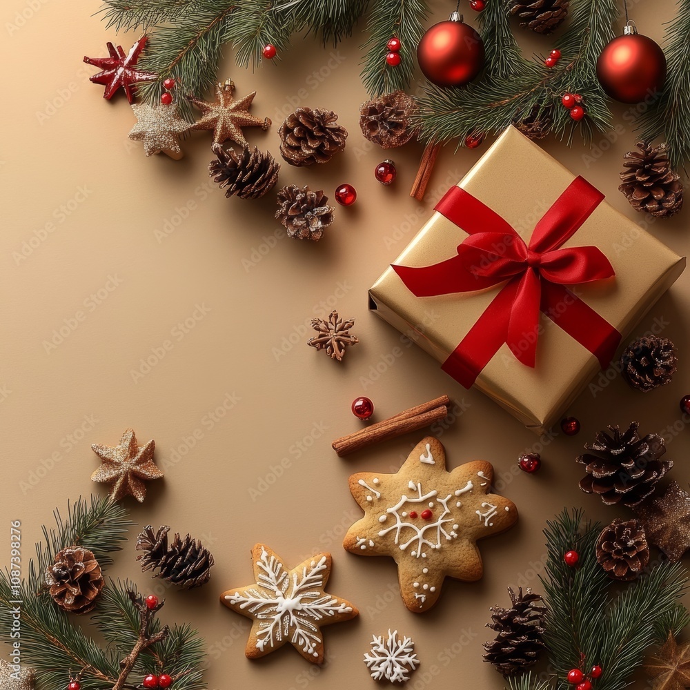 Christmas decoration composition on light gold background with beautiful Golden gift box with red ribbon, fir branches, cones, stars, Christmas cookies,cinnamon, top view, copy space, banner format. S Christmas decoration composition on light gold background with beautiful Golden gift box with red ribbon, fir branches, cones, stars, Christmas cookies,cinnamon, top view, copy space, banner format. S