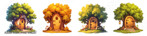 door in tree. fantasy forest dwelling cartoon set, oak summer imagination magical cozy fairytale house vector illustration