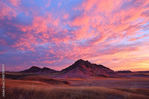 Stunning Sunset Over Mountain Landscape with Vibrant Pink and Purple Sky