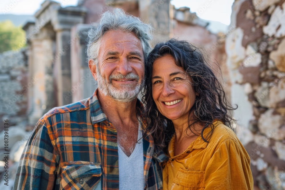 Portrait of a joyful multicultural couple in their 50s dressed in a relaxed flannel shirt isolated on backdrop of ancient ruins Portrait of a joyful multicultural couple in their 50s dressed in a relaxed flannel shirt isolated on backdrop of ancient ruins