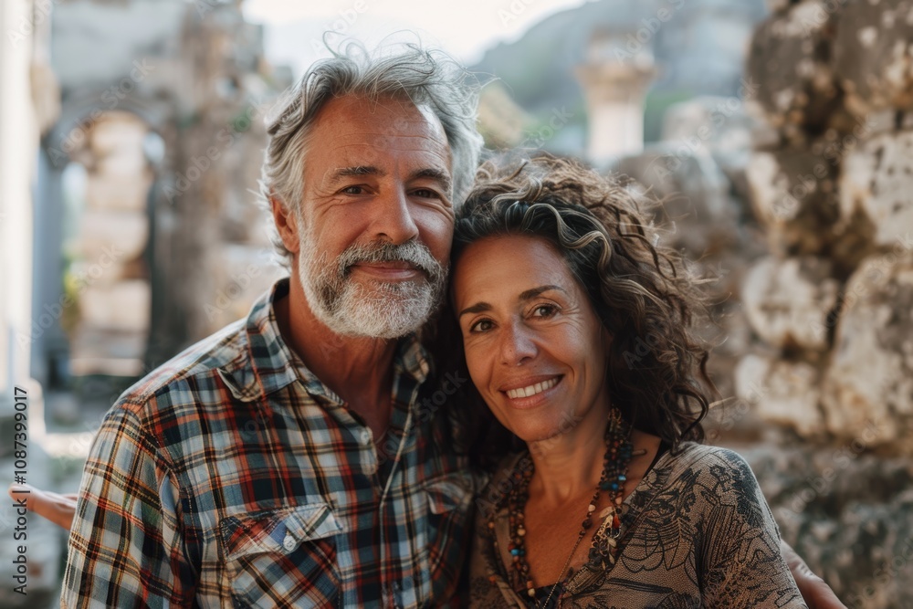 Portrait of a joyful multicultural couple in their 50s dressed in a relaxed flannel shirt in front of backdrop of ancient ruins Portrait of a joyful multicultural couple in their 50s dressed in a relaxed flannel shirt in front of backdrop of ancient ruins