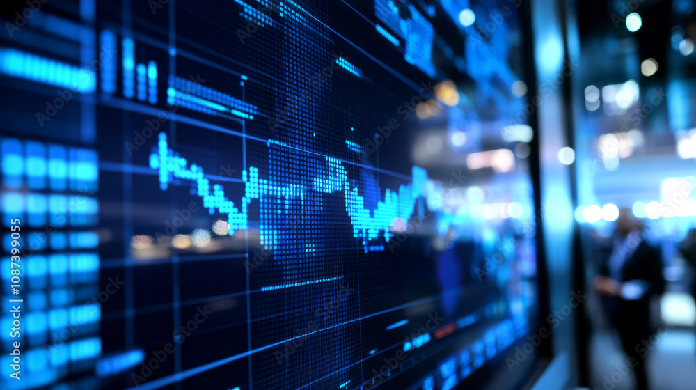 Fototapeta premium Audience ratings data displayed on a computer monitor, with analysts discussing trends in a modern office