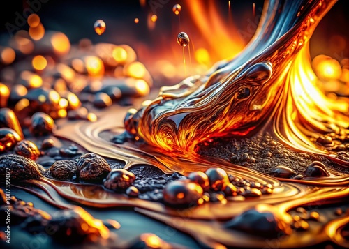 Stunning Close-Up of Molten Metallic Substance Flowing, Capturing the Fiery Glow and Texture for Industrial and Artistic Applications with Ample Copy Space for Creative Use photo