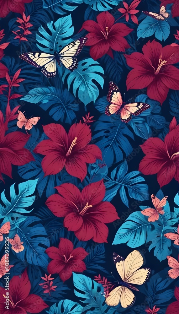 Tropical exotic pattern with animal and flowers in bright colors and lush vegetation Tropical exotic pattern with animal and flowers in bright colors and lush vegetation
