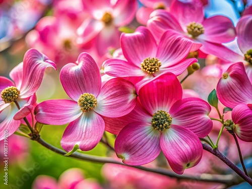 Stunning Close-Up of Vibrant Pink Flowers on Cornus Florida Rubra American Dogwood Tree in Bloom, Showcasing Nature's Beauty and Springtime Splendor photo