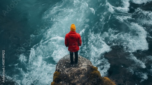 Adventurer on cliff overlooking turbulent ocean waves in vibrant winter attire