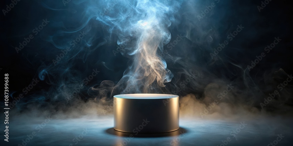A silver podium surrounded by a swirling sea of blue and white smoke, illuminating the stage from above A silver podium surrounded by a swirling sea of blue and white smoke, illuminating the stage from above