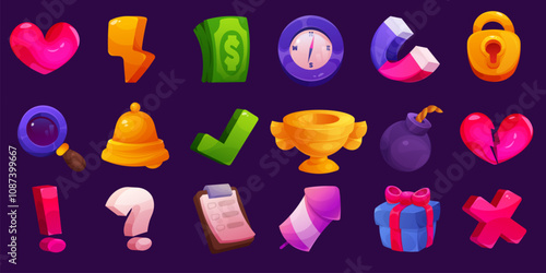 Game elements. Mobile casino UI. GUI kit. Gold coins chest. Crown or medal. Trophy goblet. Lock key. Love heart. Question or exclamation marks. Money prize interface pack. Vector design set