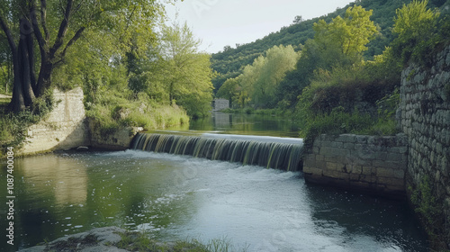 Small-scale hydroelectric system on a serene river, with a turbine generating clean energy for nearby homes photo