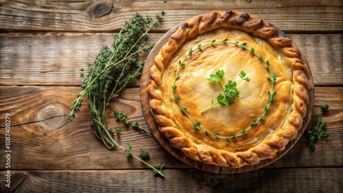 A golden crust pie with a delicate flaky texture, adorned with fresh herbs, resting on a rustic wooden table, ready to be enjoyed.