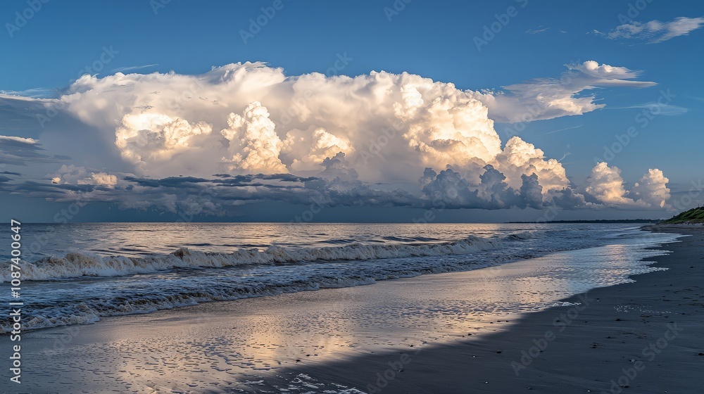 Dramatic cloudscape over tranquil ocean beach at sunset. Dramatic cloudscape over tranquil ocean beach at sunset.