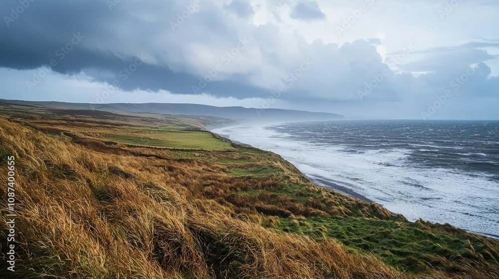 Dramatic coastal landscape with stormy clouds, windswept grasses, and turbulent ocean waves. Dramatic coastal landscape with stormy clouds, windswept grasses, and turbulent ocean waves.