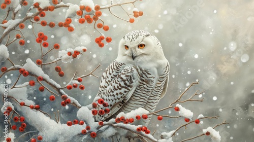 Arctic owl perched on snow-dusted branch with vibrant scarlet berries in winter wonderland scene