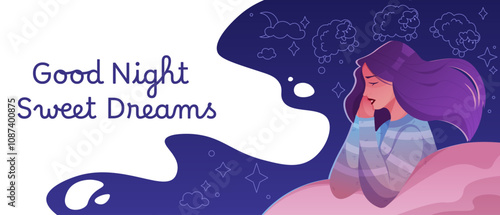Woman sleeping in bed. Good night. Sweet dreams. Girl on pillow with insomnia. Happy time on mattress. Sleepy person counting sheep. Bedroom sleepless relax. Vector bedtime background