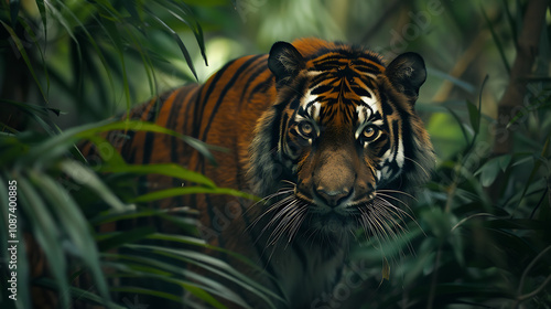 A Majestic Tiger Prowling Through the Jungle, Stealthily Moving Amongst Dense Foliage, Exuding Power, Grace, and the Unmatched Beauty of the Wild