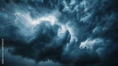 Dramatic dark storm clouds with lightning.