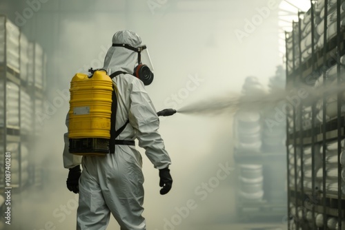 Worker in Protective Gear Using Sprayer to Apply Chemical Treatment in Large Industrial Warehouse with Shelves Stacked High in a Foggy Environment photo