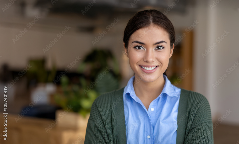 Smiling young woman in a casual office setting, wearing a green cardigan and blue shirt, with a friendly demeanor and plenty of copy space for design use Smiling young woman in a casual office setting, wearing a green cardigan and blue shirt, with a friendly demeanor and plenty of copy space for design use