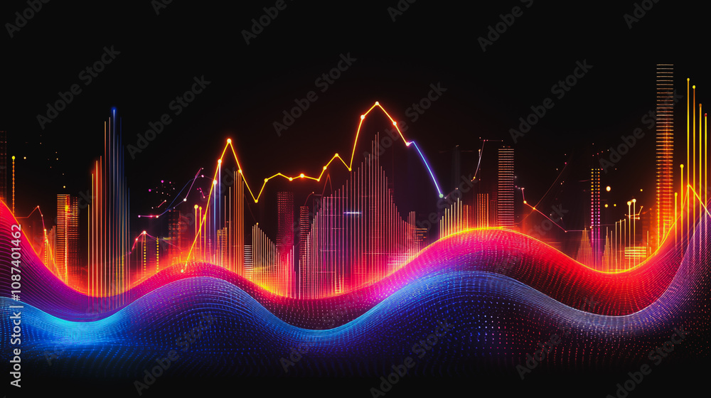 Abstract black background with Colorful charts and graphs with statistics to innovative analyze business potential and forecast future development of companies growth. Abstract black background with Colorful charts and graphs with statistics to innovative analyze business potential and forecast future development of companies growth.
