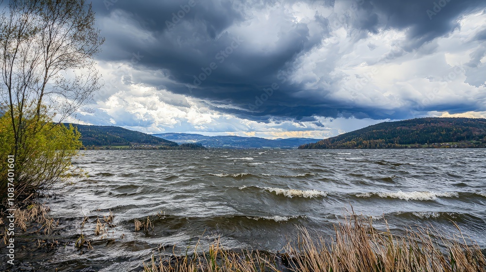 Dramatic lake landscape with stormy clouds, windswept water, and shoreline vegetation. Dramatic lake landscape with stormy clouds, windswept water, and shoreline vegetation.
