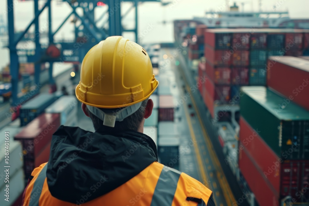 custom made wallpaper toronto digitalWorker in Yellow Hard Hat Observing Cargo Containers in Shipping Yard, Emphasizing Logistics, Transportation, and Industrial Operations in a Busy Port Environment
