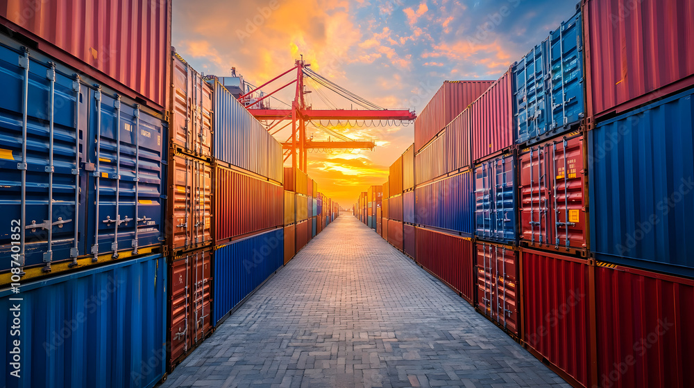 Fototapeta premium Global Trade and Logistics: Shipping Containers, Maritime Ports, Cargo Transport, Warehousing, and International Commerce