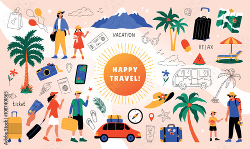 Summer trip. Train or car travel. Happy people vacation. Family tourism. Bus traffic. Woman on nature. Man on beach. Resort hotel. Couple tour. Journey baggage. Vector banner design