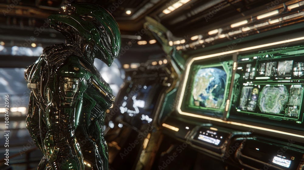 Obraz premium Alien Queen Commanding Invasion with Holographic Displays in Massive Ship - Ultrarealistic Sci-Fi Illustration with Power and Control