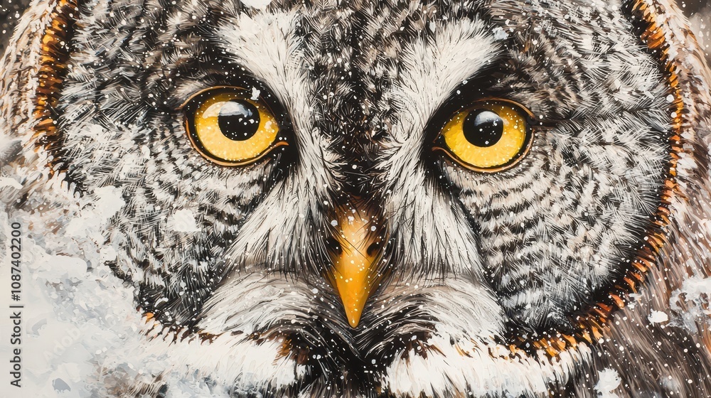 Obraz premium Close-Up of a Great Gray Owl with Piercing Yellow Eyes Amidst a Snowy Background Capturing the Majestic Presence of this Iconic Bird of Prey