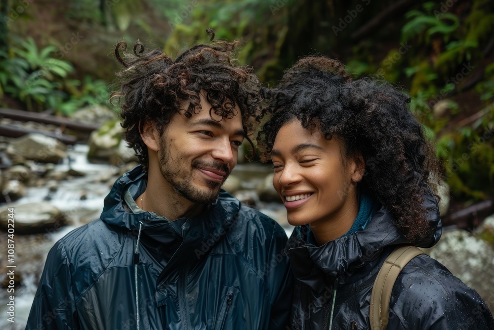 Portrait of a satisfied multiethnic couple in their 20s sporting a waterproof rain jacket over tranquil forest stream Portrait of a satisfied multiethnic couple in their 20s sporting a waterproof rain jacket over tranquil forest stream