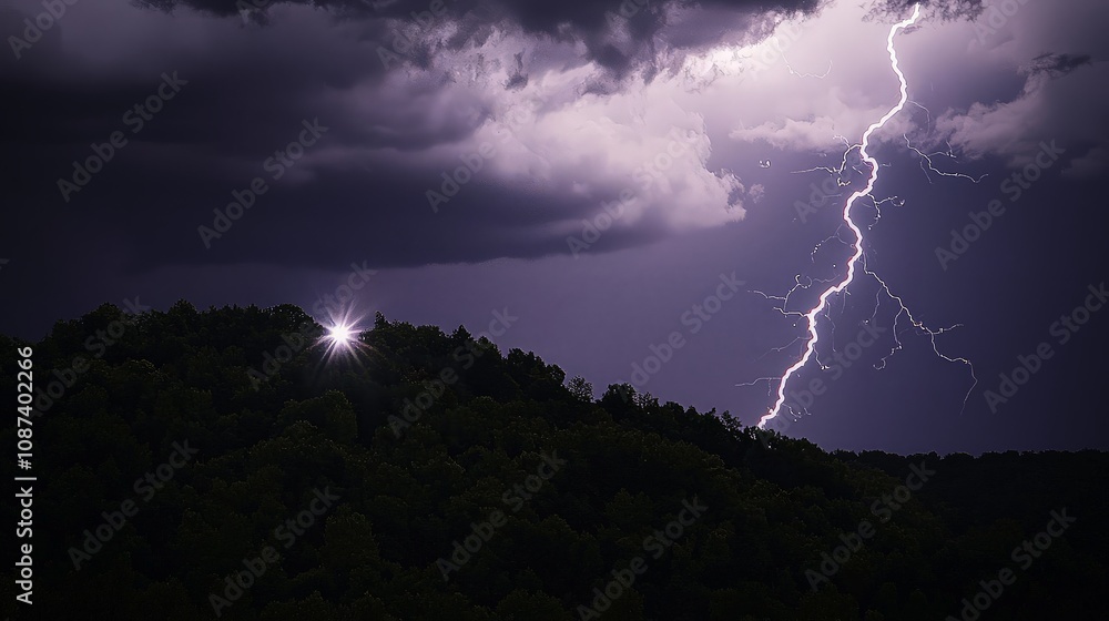 Dramatic lightning strike over dark, forested hills at night. Dramatic lightning strike over dark, forested hills at night.
