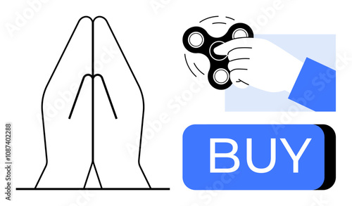 Hands in prayer gesture, a hand holding a fidget spinner, and a blue buy button. Ideal for meditation, relaxation, mindfulness, e-commerce, digital purchasing, stress relief, marketing. Line metaphor