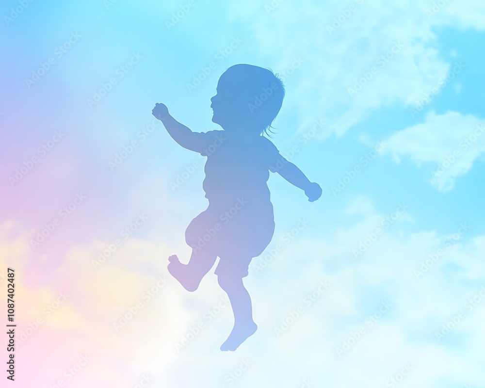 A lively baby shadow in soft blue tones joyfully twirling on a sky-like gradient background , A lively baby shadow in soft blue tones joyfully twirling on a sky-like gradient background ,